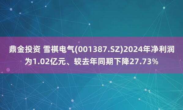 鼎金投资 雪祺电气(001387.SZ)2024年净利润为1.02亿元、较去年同期下降27.73%